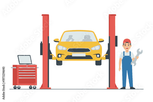 Auto Mechanic with Wrench Standing by Car on Hydraulic Lift
