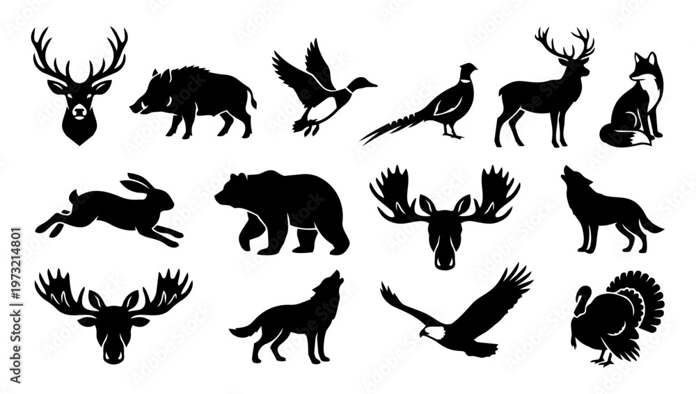 Obraz premium Hunting Animals Silhouette Set – Deer, Bear, Wolf, Boar, Game Birds and Wildlife Icons