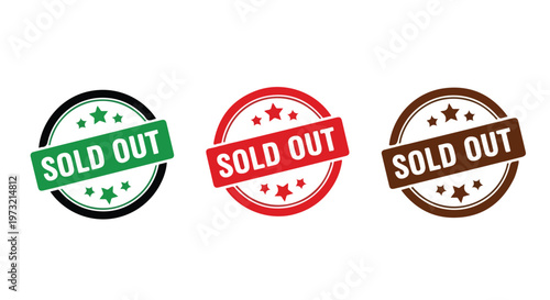 Three different colored rubber stamps with the words SOLD OUT printed clearly on them, isolated on white