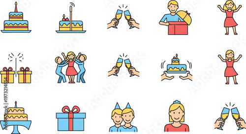 Birthday Celebration Illustration Set with Cake, Gifts, Cheers, and Party Activities for Fun, Party, and Event-Themed Designs