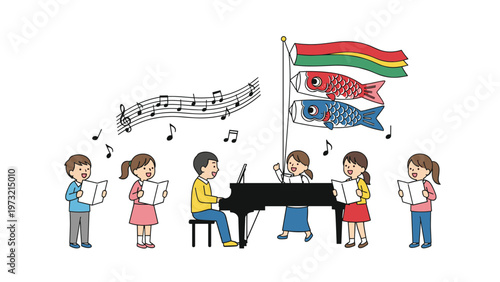 Group of children singing in a choir with boy playing piano decorated with traditional japanese carp streamers koinobori.