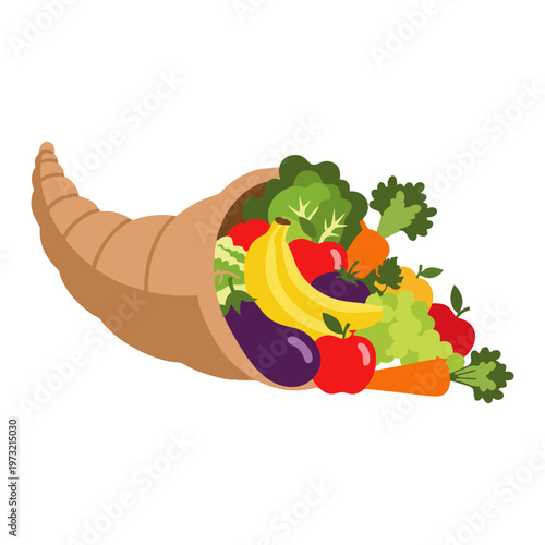 Cornucopia overflowing with fresh fruits and vegetables, symbolizing abundance and harvest.