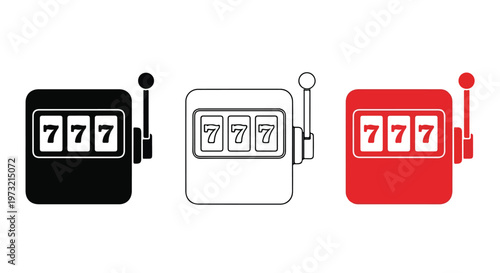 Three different style slot machine icons showing lucky sevens for casino and gambling entertainment concepts