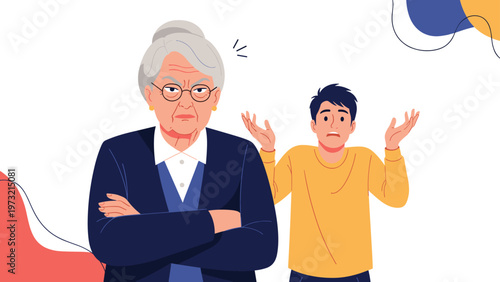 Serious elderly woman with crossed arms stands in front of a confused young man shrugging during a family argument.