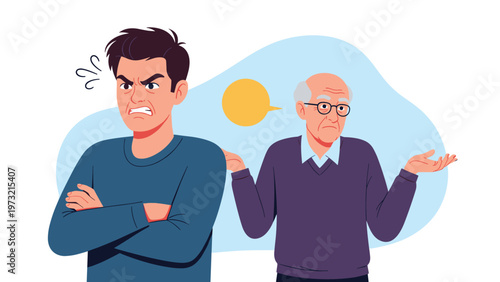 Furious young man with crossed arms showing anger towards an older man shrugging with confusion during an argument.