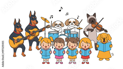 Diverse group of dogs and children singing in a choir while playing drums and guitars in a fun musical performance.