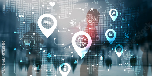 Global Digital Economy Concept with World Map, Location Pins and Data Connections