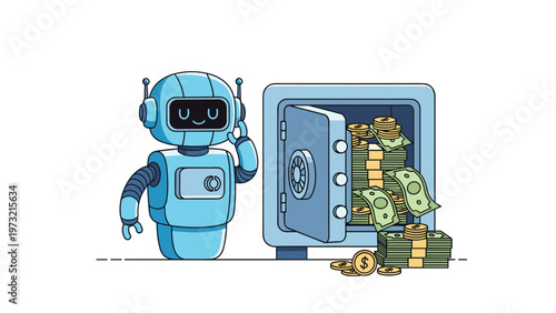 Friendly blue robot standing next to an open vault filled with stacks of dollar bills and shining gold coins.