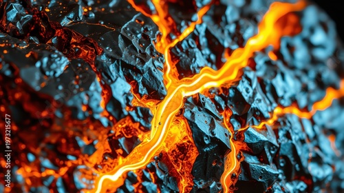 Rough rock surface glows with intense orange lava flows. Dramatic lighting highlights texture, creating fiery visual impact.