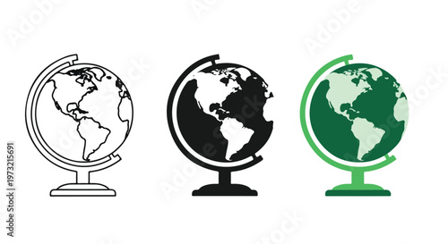 Three different styles of globes representing Earth, including a line art outline, a solid black silhouette