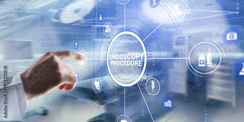 Hand pressing the ENDOSCOPY PROCEDURE button on a digital screen in a medical setting