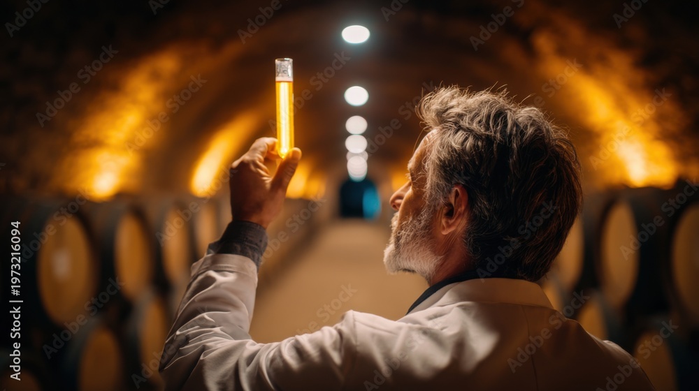Obraz premium Expert winemaker inspects amber liquid in test tube during cellar barrel aging process