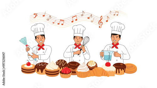 Professional pastry chefs in uniforms decorating a variety of delicious cakes, cupcakes, and chocolate desserts.
