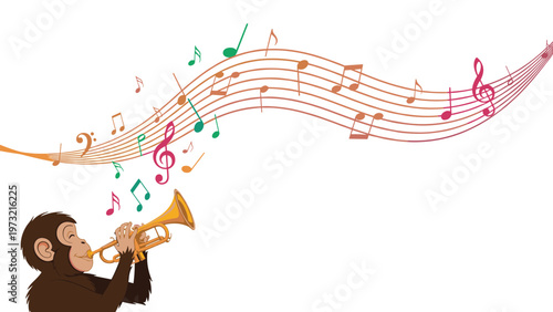 Enthusiastic monkey playing a gold trumpet with a stream of colorful musical notes coming out of the instrument.