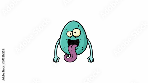 Cyan Egg Shaped Monster Character with Tongue Out on White Background