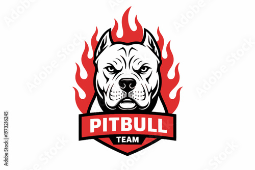 Pitbull Head Mascot Logo with Red Flames and Team Banner