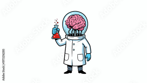 Cartoon scientist with brain head holding a laboratory flask