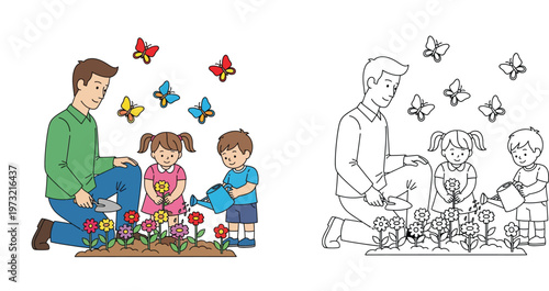 Father and Children Gardening Together Illustration with Flowers and Butterflies, Including Colored Version and Black and White Coloring Page