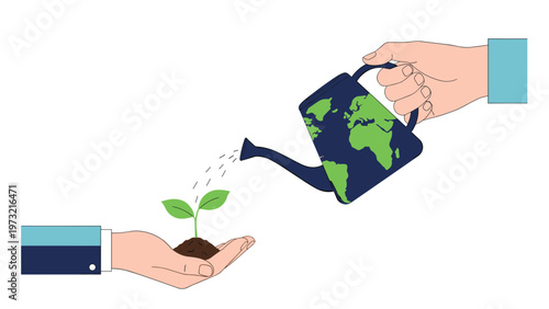 Conceptual image of one hand watering a green plant held by another hand using a globe-patterned watering can.