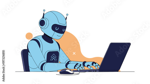 Advanced blue robot sitting at a desk and focused on working with a laptop computer in a modern office setting.