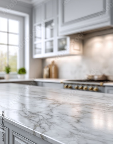 Elegant Marble Kitchen Countertop with Classic White Cabinetry and Natural Light