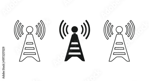 Three communication towers broadcasting signals with radiating waves, one black and two outlined, representing wireless