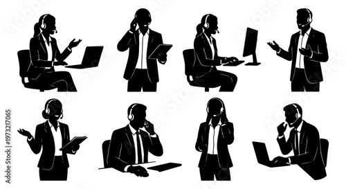 Call center silhouette set, customer service agent icons, office worker vector collection