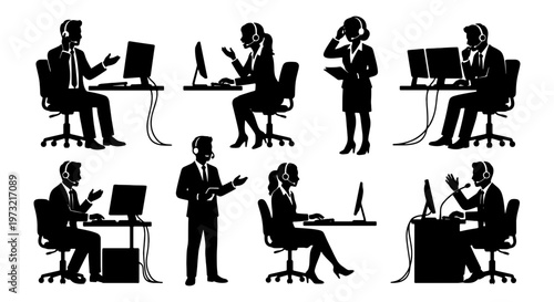 Call center silhouette set, customer service agents with headsets, office worker vector