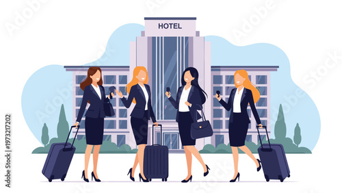 Four successful businesswomen with suitcases and travel bags standing in front of a modern hotel for a business trip.
