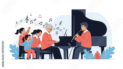 Family gathering with grandmother, man, and children singing and playing musical instruments like piano and clarinet.