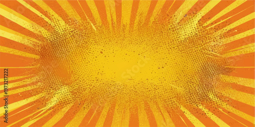 Abstract orange background vector with a hot summer sunburst design featuring yellow rays of sunlight and light beams bursting across a grunge art wallpaper pattern backdrop