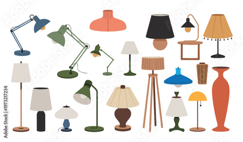 A collection of various stylish lamps including floor lamps and table lamps in different designs