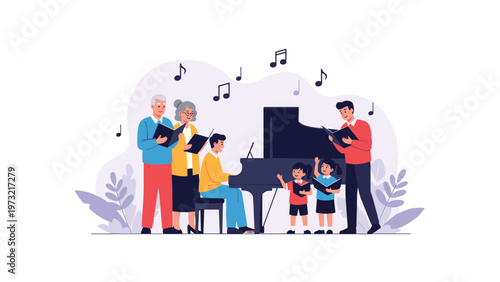 Large happy family including grandparents, parents, and children singing together while one man plays the piano.