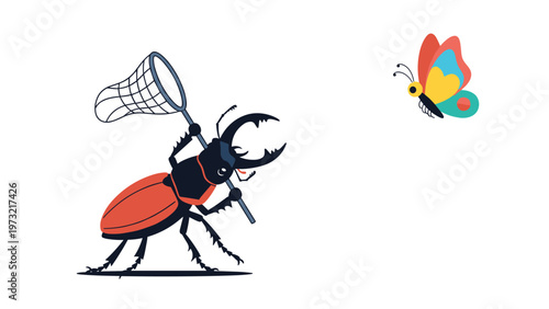 Large brown stag beetle wearing glasses holds a butterfly net and tries to catch a colorful butterfly flying in the air.