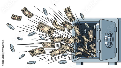 Explosion of Japanese yen banknotes and coins bursts out of an open metal security safe box against a white background.
