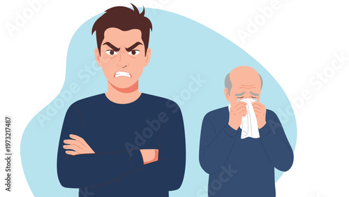 Angry young man with folded arms glares at the viewer while an elderly man in the background cries into a white handkerchief.