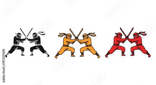 Three pairs of stylized ninjas in black, orange, and red outfits clashing swords in a dynamic combat pose