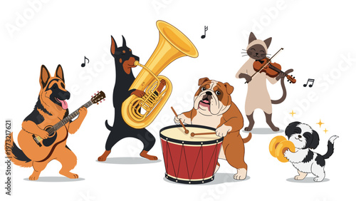 Diverse band of animals featuring dogs and a cat plays the electric guitar tuba drum violin and cymbals together.