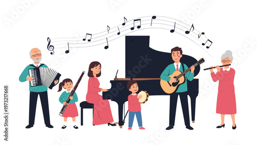 Large family including grandparents and children plays musical instruments like the piano guitar and flute in a home concert.