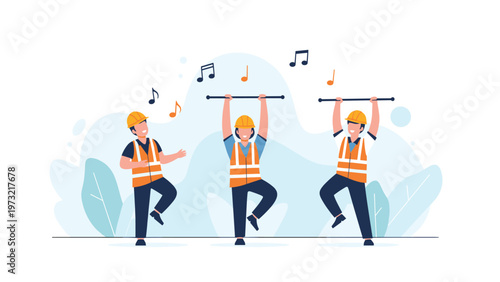 Three construction workers in orange safety vests and yellow hard hats dance and stretch while listening to music.