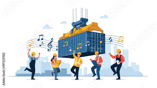 Group of happy port workers in safety gear dances with joy as a large blue shipping container is lifted by a crane.