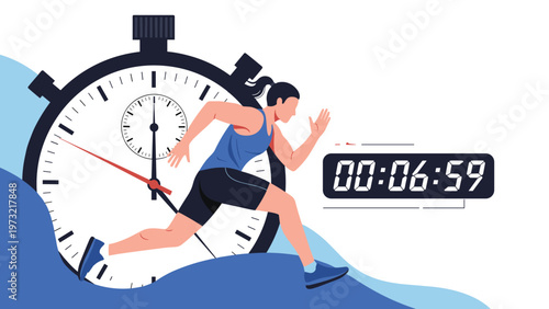 Athletic man in a blue tank top and black shorts sprints across a blue wave in front of a giant ticking stopwatch.