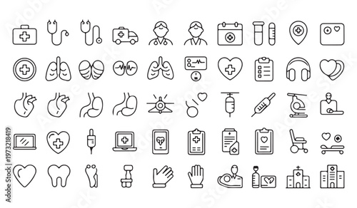 A comprehensive collection of black outline medical and healthcare icons on a plain white background