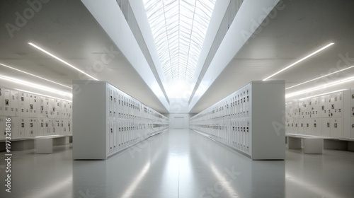 Modern Minimalist White Hallway with Rows of Lockers and Skylight Illumination
