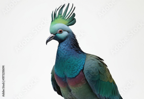 Nicobar Pigeon, large heavy-set pigeon, ground-dwelling, white background
