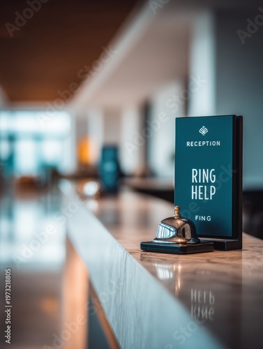 Hotel Reception Bell for Service Assistance on Countertop with Signage