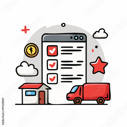 Red Delivery Van with Checklist.