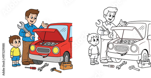 Father and Son Repairing a Car Illustration with Tools, Including Colored Version and Black and White Coloring Page for Kids Activities