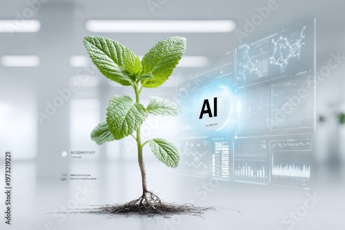 Small plant growing with glowing AI data screen in modern research lab