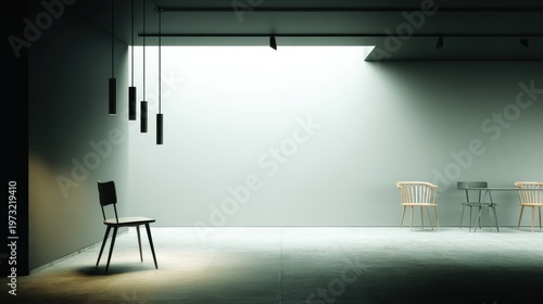 Modern minimalist interior space with suspended pendant lights and chairs, showcasing architectural design and empty room ambiance